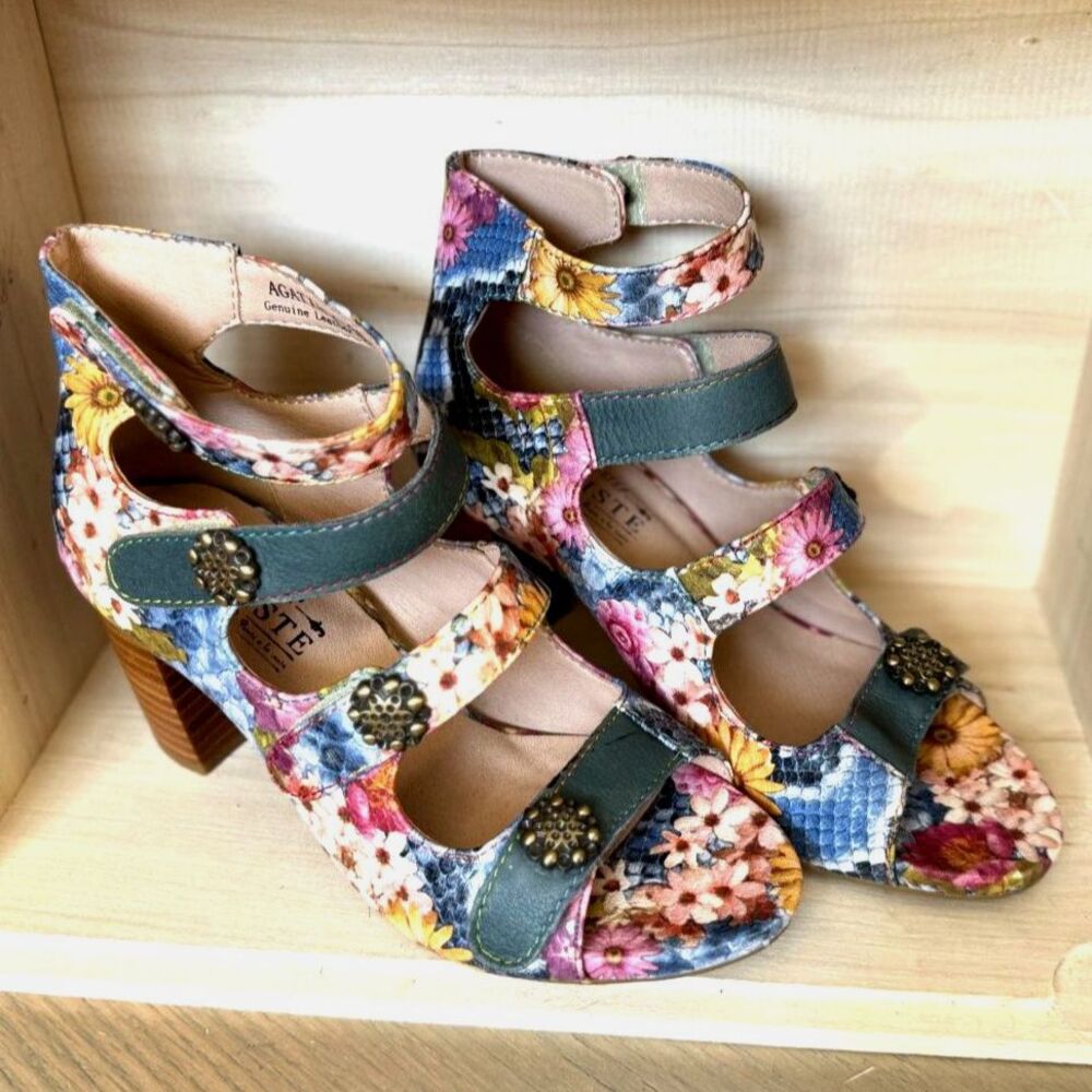 Floral L’Artiste Multicolor Strappy Block Heel Sandals - Green Accents